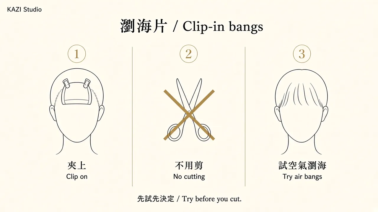 Clip-in bangs diagram: clip on, no cutting, try a fringe first.