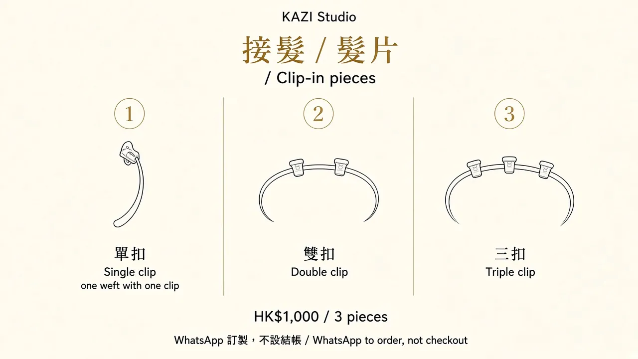 Clip-in piece diagram: single, double, and triple clips; WhatsApp to order.