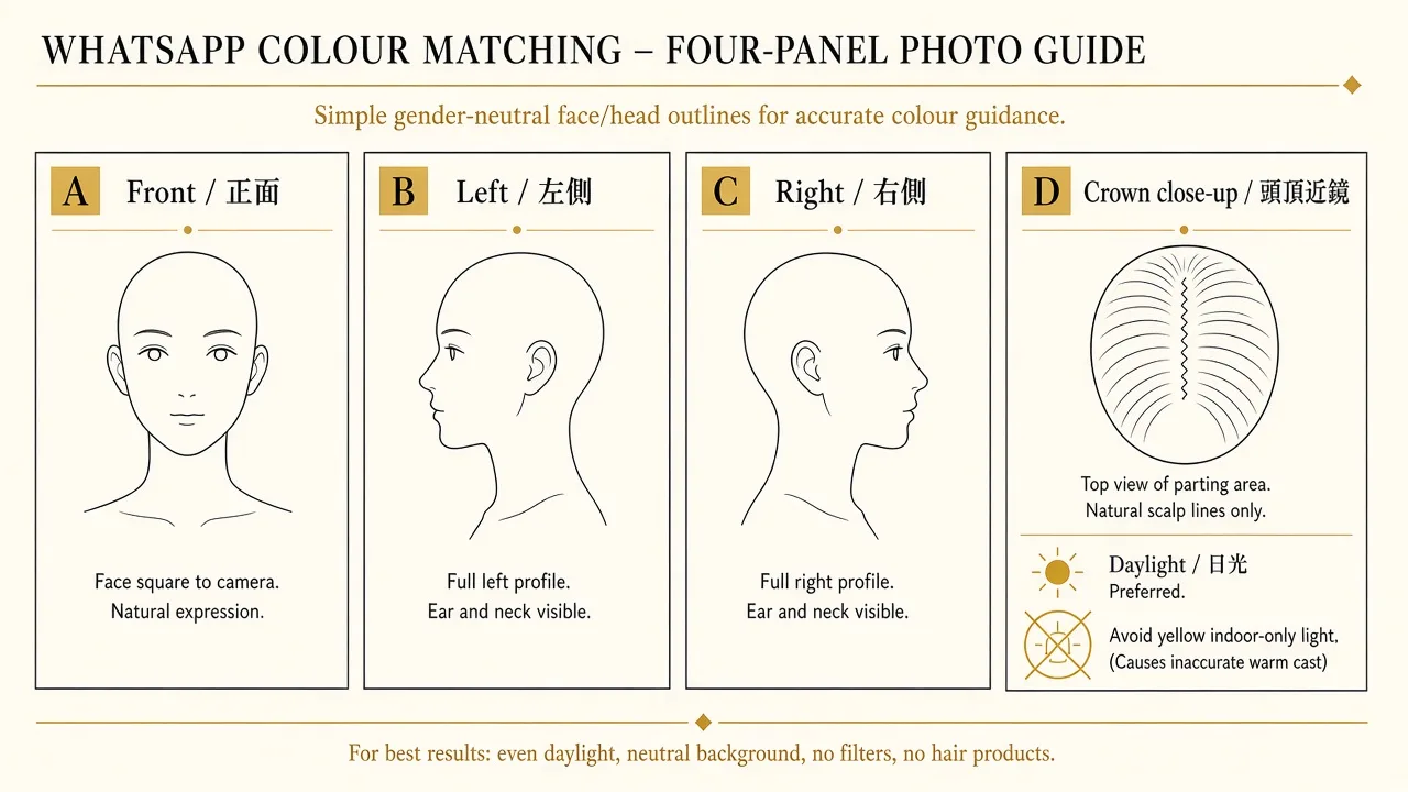 Photo-angle diagram: front, left, right, and a crown close-up.