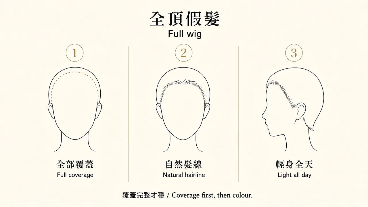 Full-wig diagram: full coverage, a natural hairline, light all day.