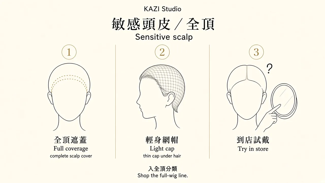 Sensitive-scalp diagram: full-wig coverage, a light cap, try on in store.