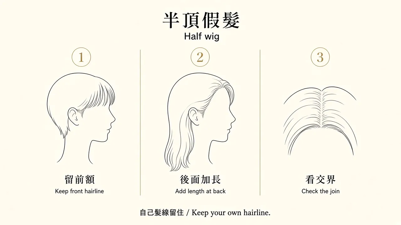 Half-wig diagram: keep the front hairline, add length, check the join.