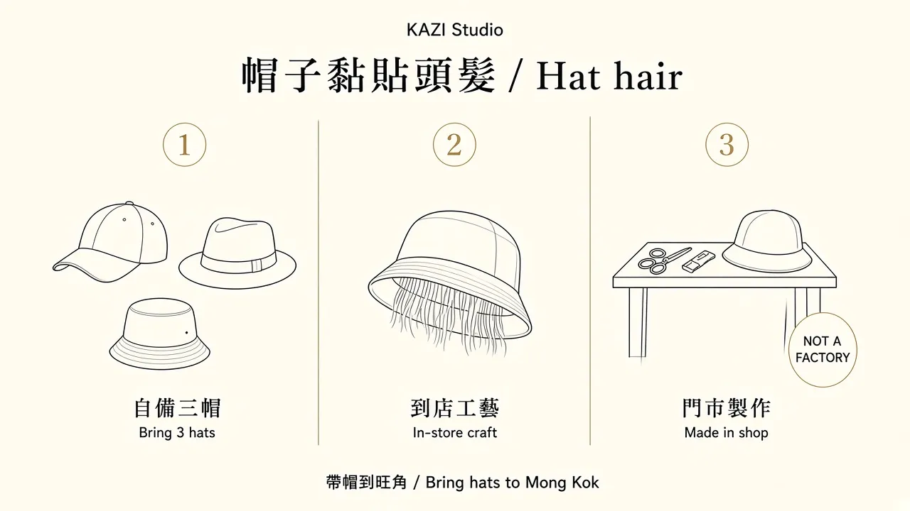 Hat-hair diagram: bring three hats; attached in the Mong Kok shop.