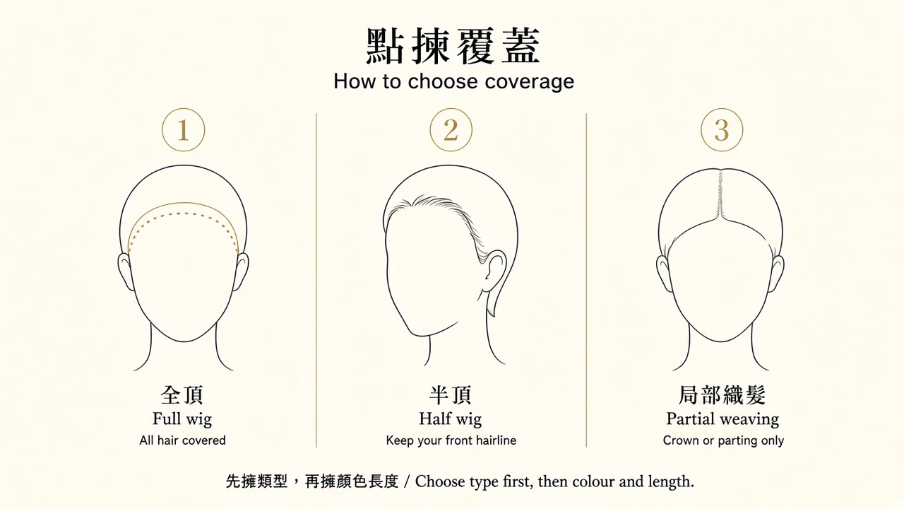 Coverage diagram: full wig, half wig, or partial weaving.