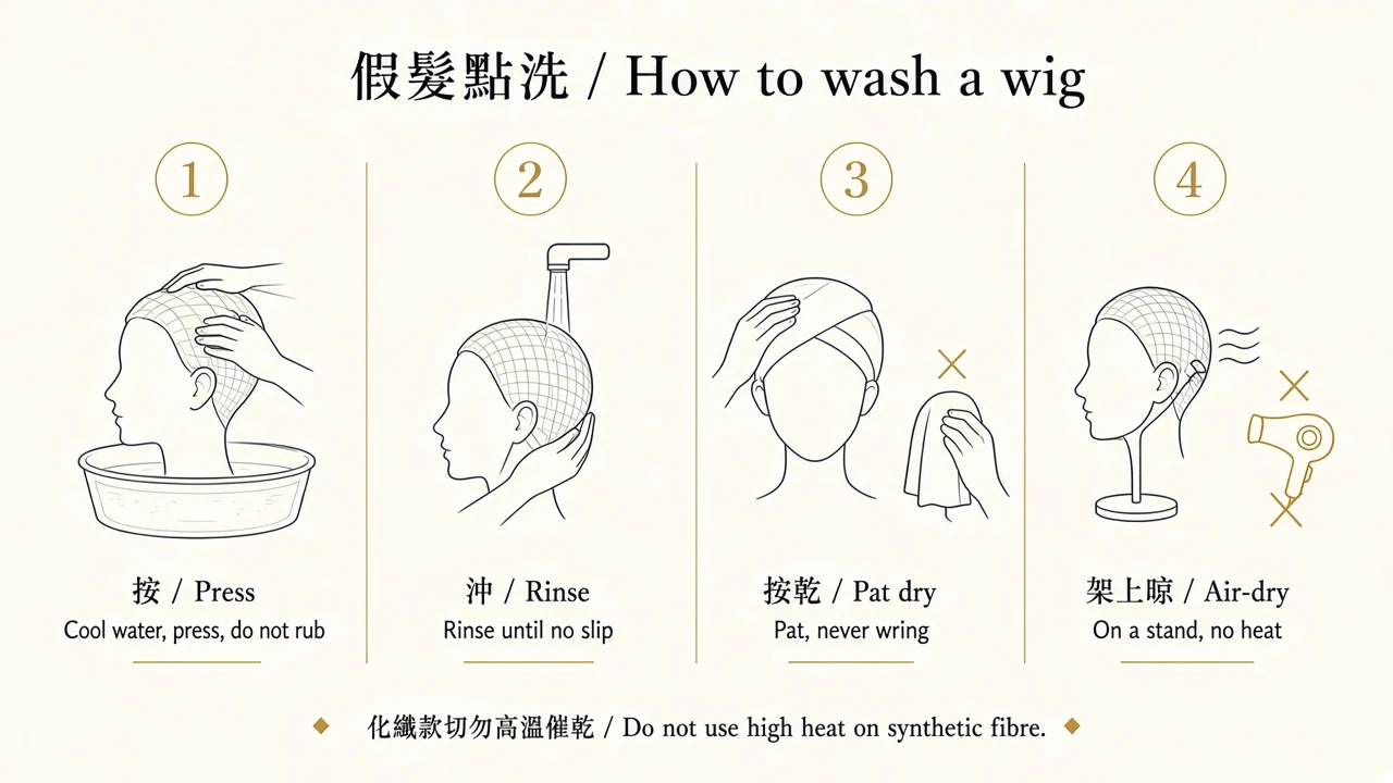 Four-step wash diagram: press, rinse, pat dry, air-dry on a stand.