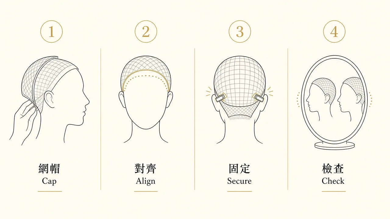 Four-step diagram: wig cap, align the front, secure, check the sides.