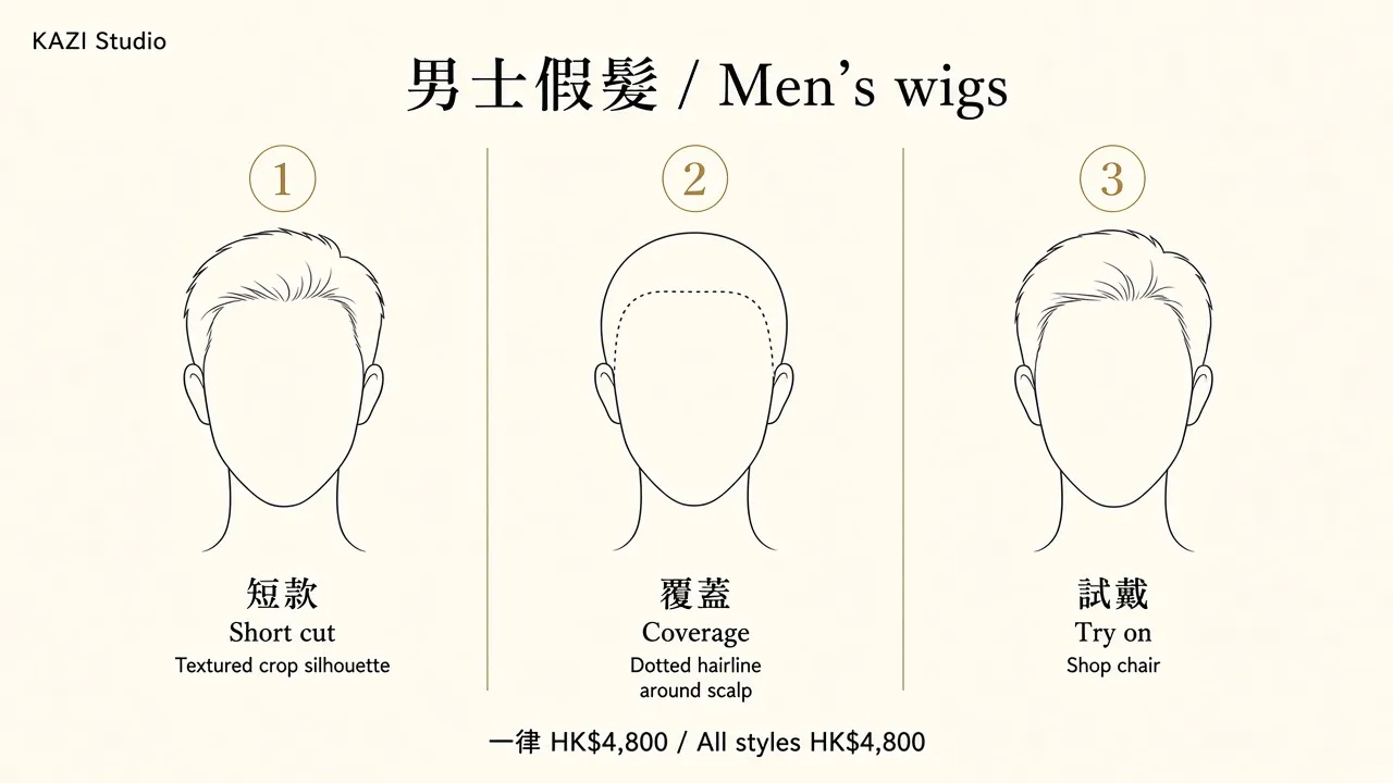 Men’s wig diagram: short cut, coverage, try-on; HK$4,800.