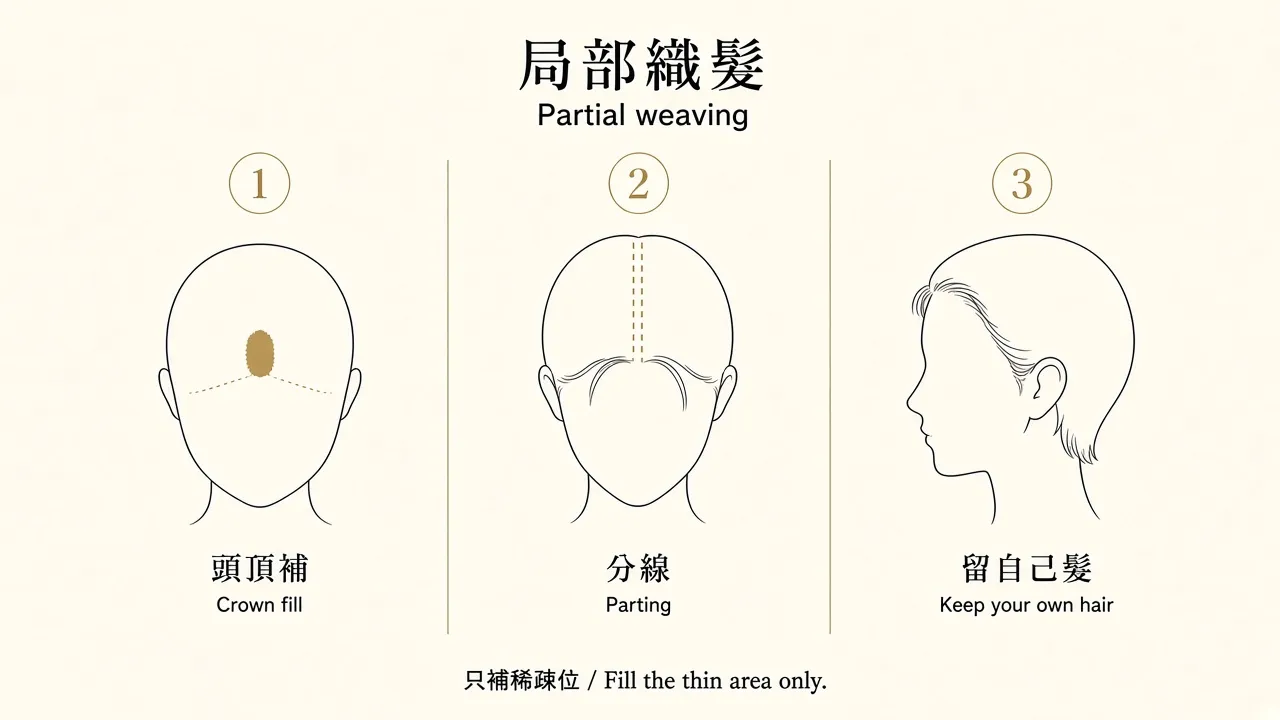Partial-weaving diagram: crown fill, parting, keep your own hair.