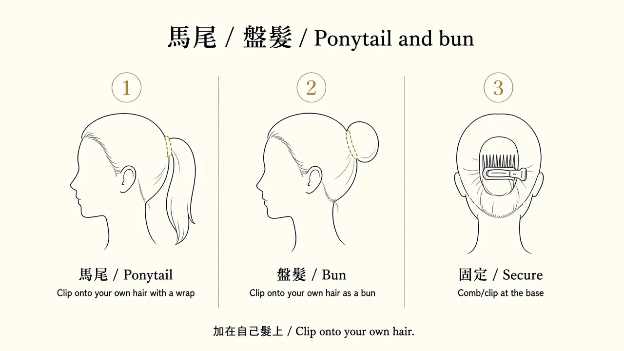 Ponytail and bun diagram: ponytail, bun, and how it clips on.