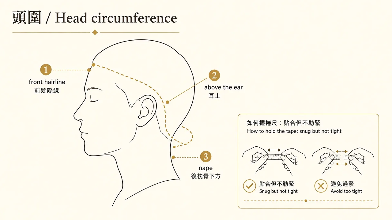 Diagram: measuring head circumference along the hairline and nape.
