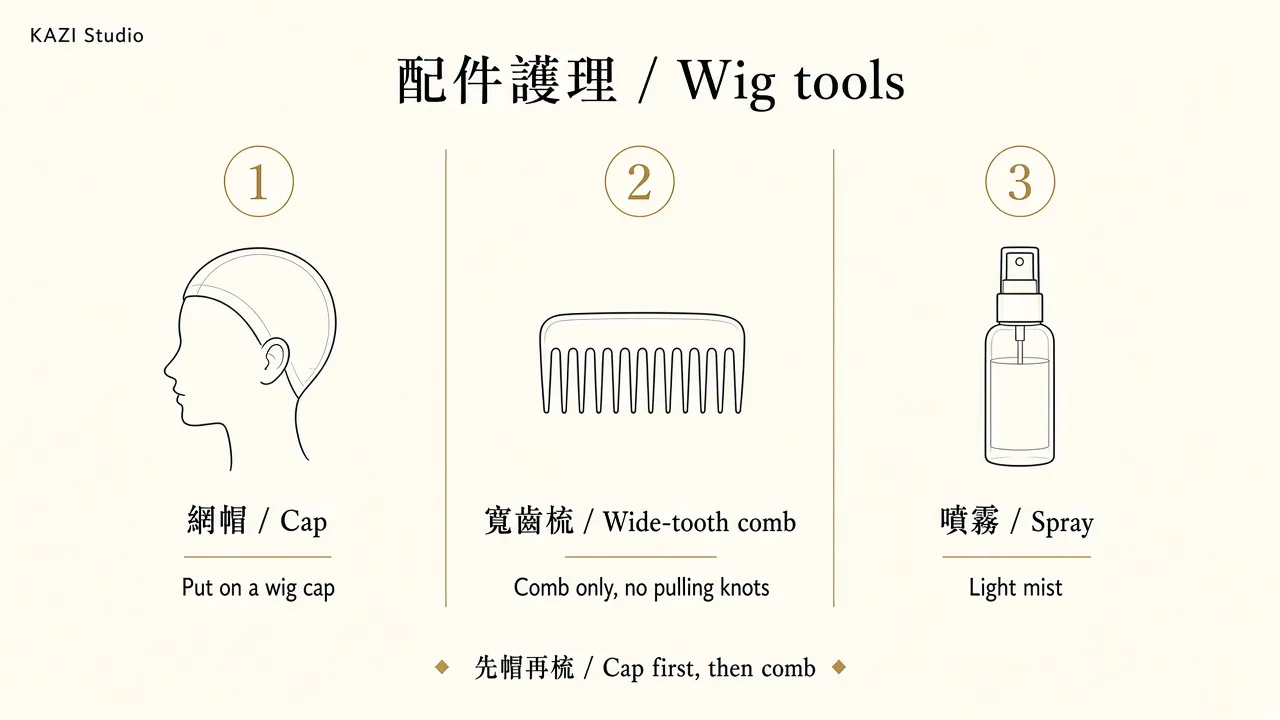 Care-tools diagram: wig cap, wide-tooth comb, light mist.
